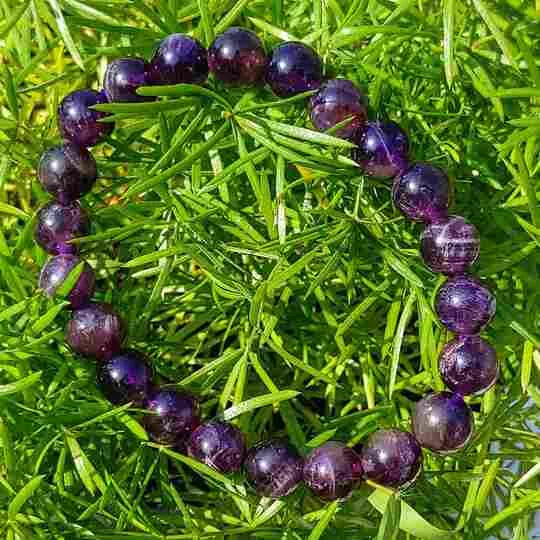 High-quality close-up of a natural Amethyst bracelet on vibrant green foliage. Genuine healing crystal jewelry, perfect for stress relief and promoting calmness. Available for delivery in India.